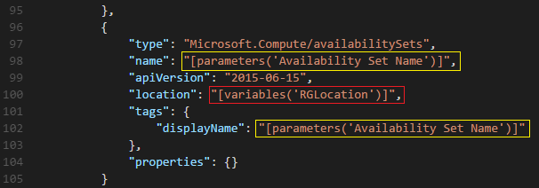 The customized availability set in the Azure JSON [Image Credit: Aidan Finn]