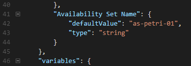 The added variable for the ARM availability set JSON definition [Image Credit: Aidan Finn]