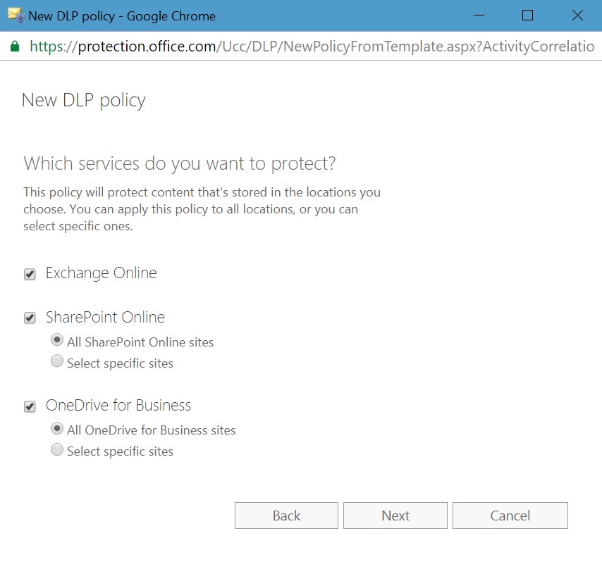 DLP 2 Selecting Office 365 Locations