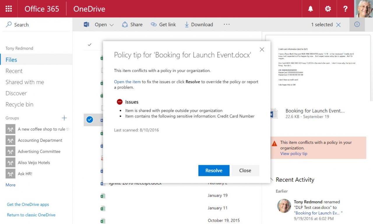 DLP6 policy tips in OneDrive