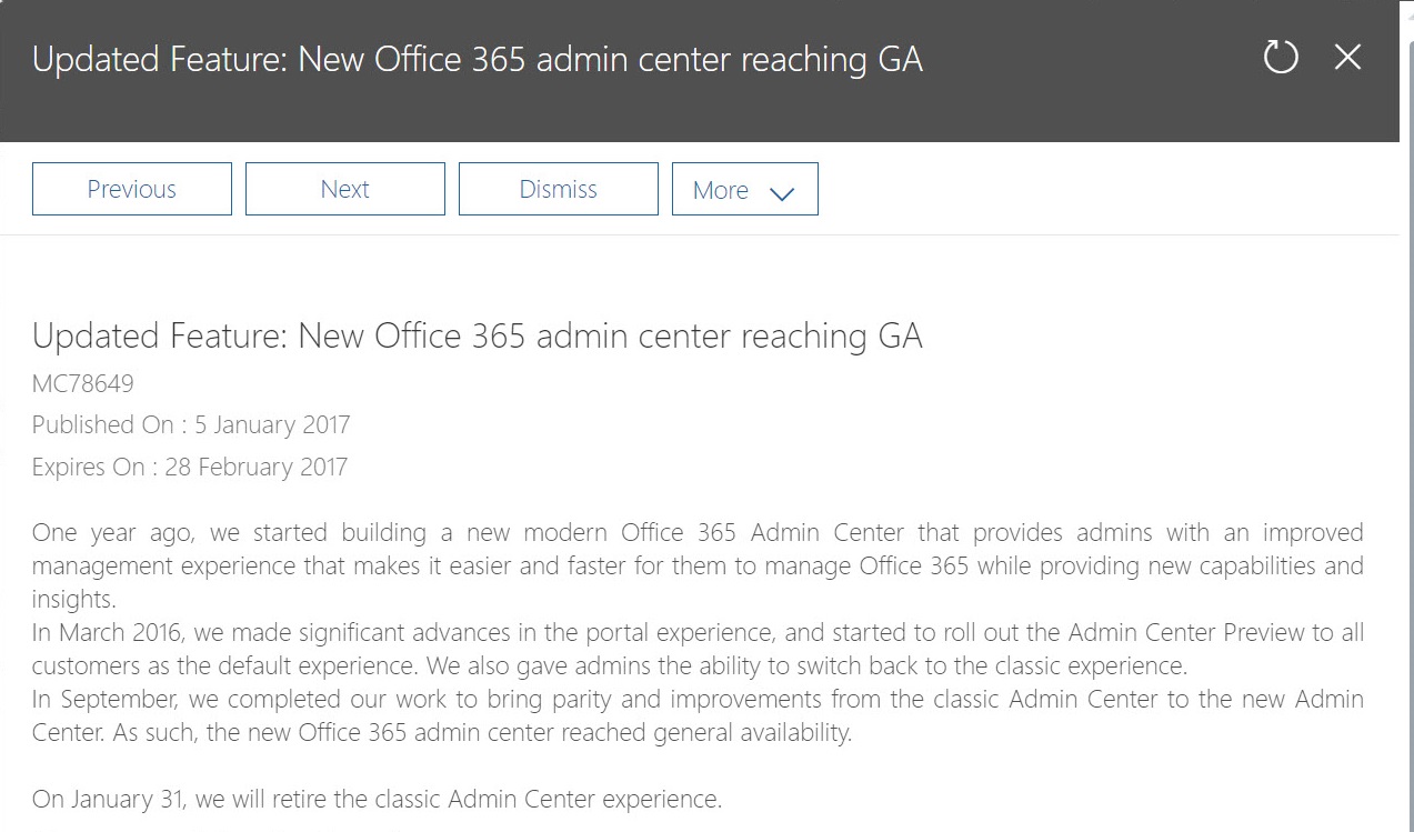 Office 365 Admin Center reaches GA