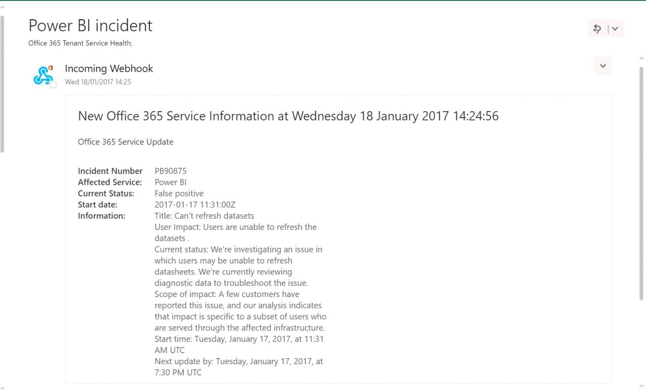 Office 365 service incident via webhook