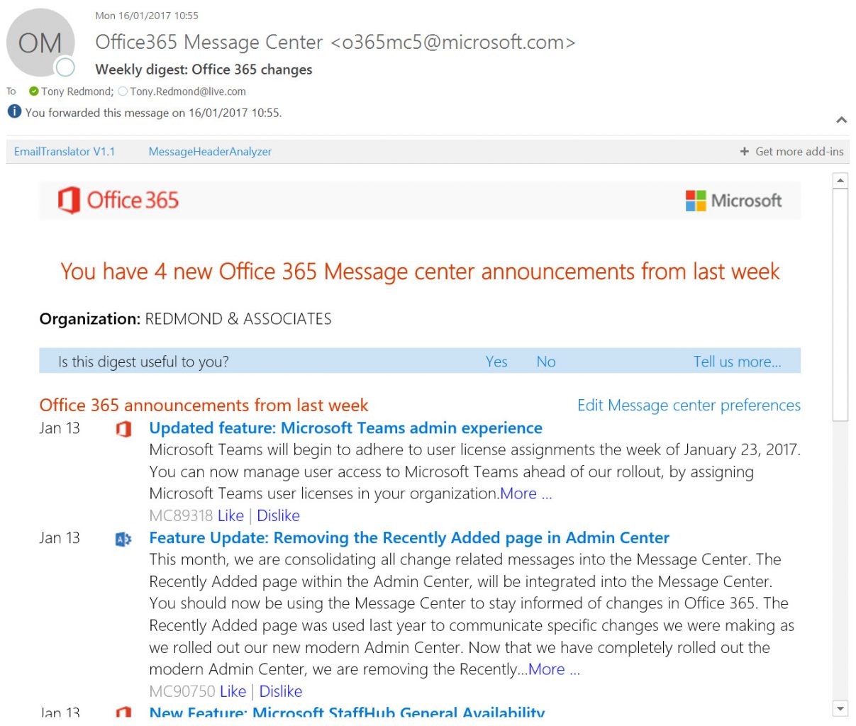 Weekly digest of Office 365 updates