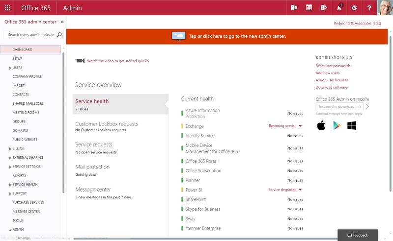 Deprecated Office 365 Admin Center