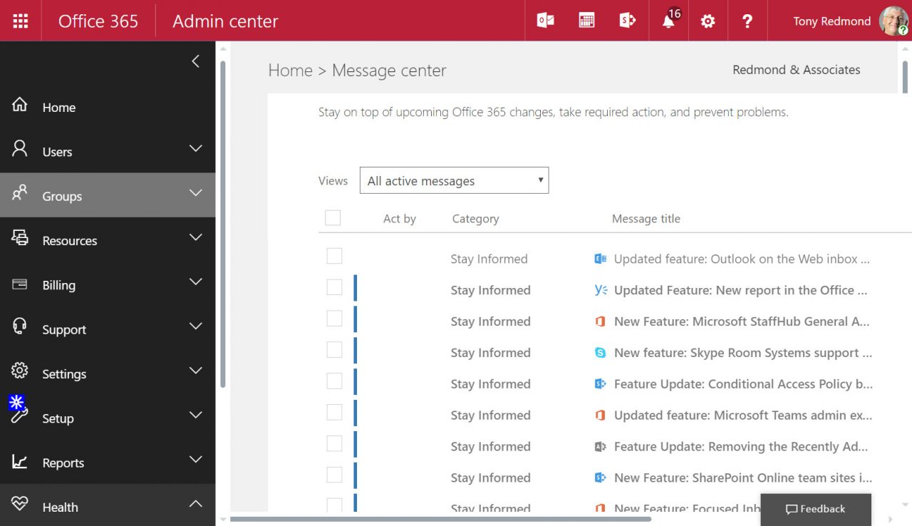 Messages in the Office 365 Admin Center