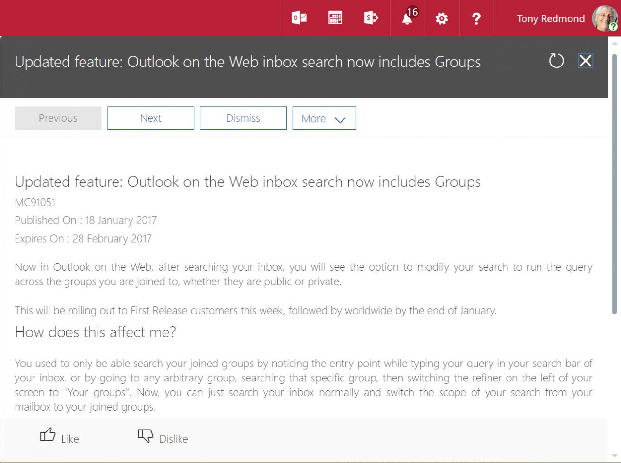 OWA Search Groups announcement