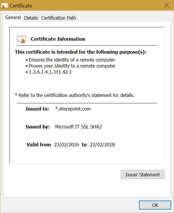 SharePoint.com SHA-2 certificate