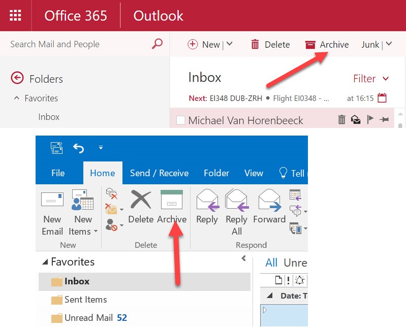 Archive options in Outlook and OWA