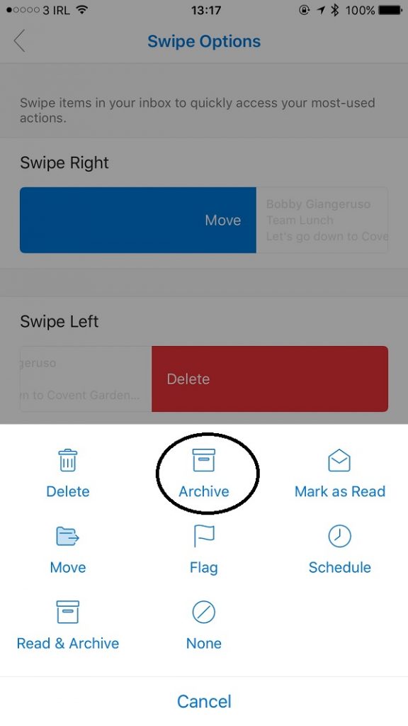 Outlook iOS Archive option