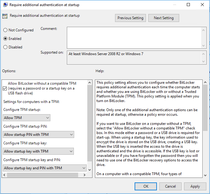 Enable Hyper-V Key Storage Drive using Require Additional Authentication At Startup policy [Image Credit: Aidan Finn]
