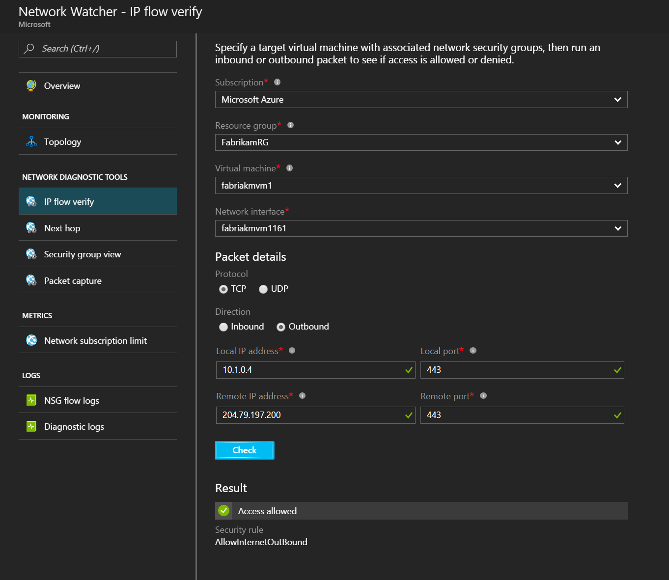 Using Azure Network Watcher IP flow verify [Image Credit: Microsoft]