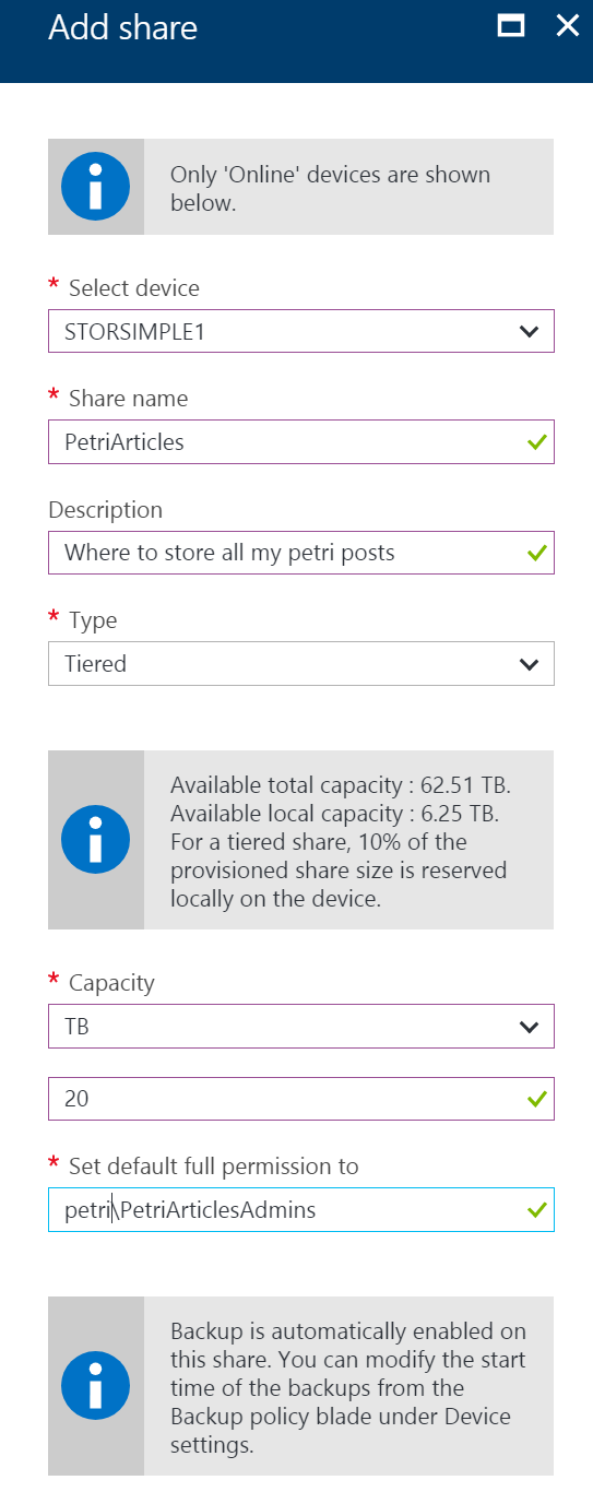 Adding a new share to the StorSimple virtual appliance [Image Credit: Aidan Finn]