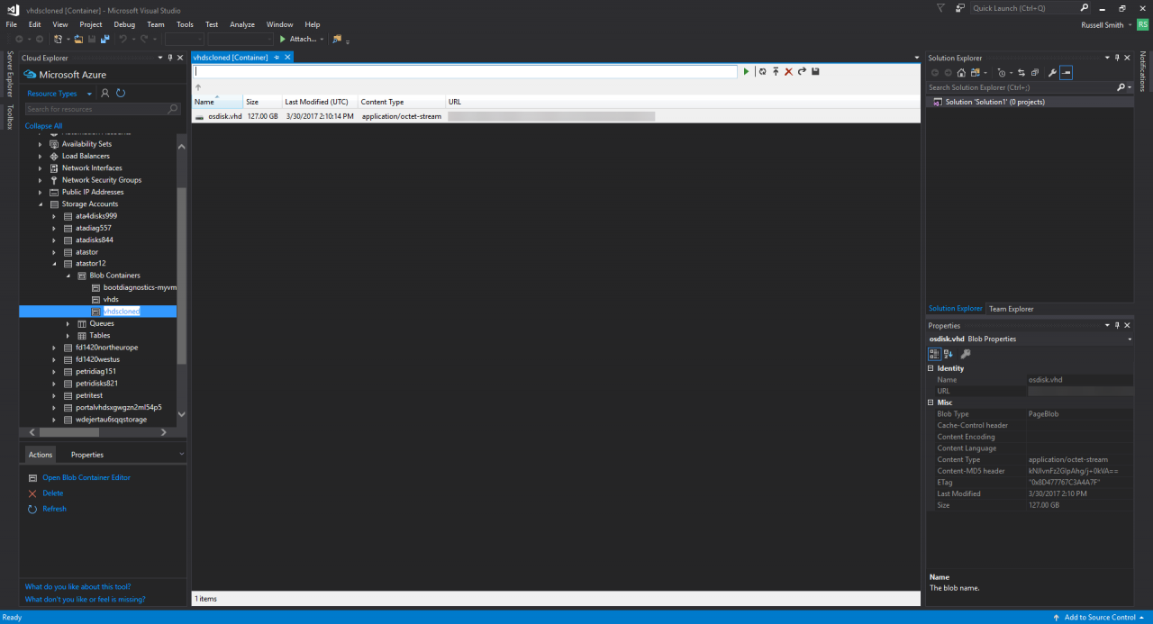 Blob Container Editor in Visual Studio 2017 (Image Credit: Russell Smith)