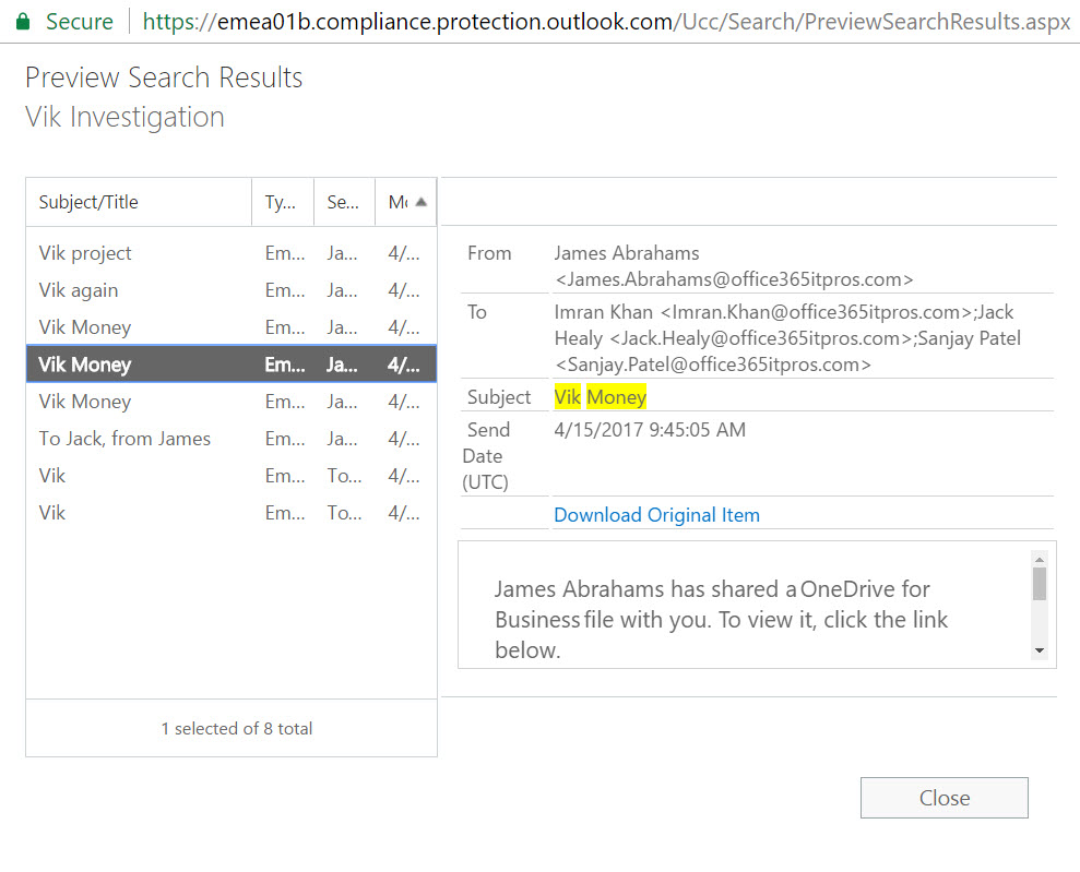 Office 365 Preview content search