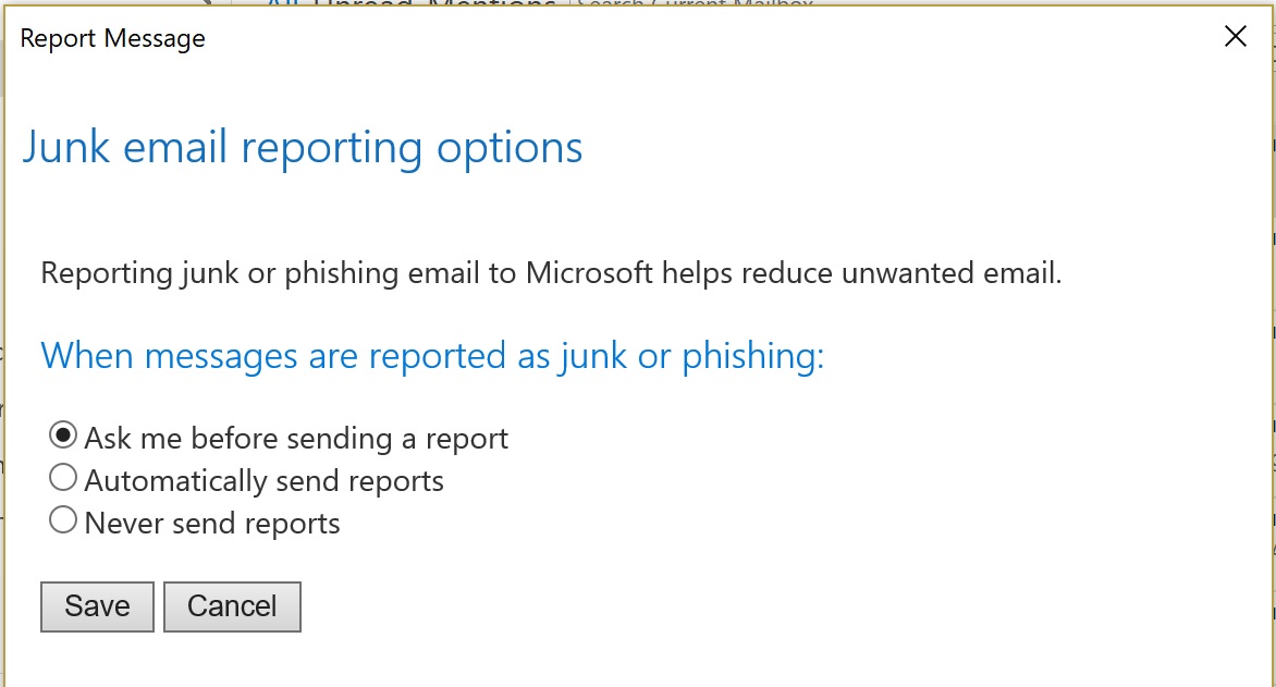 Outlook Report Message add-in Options