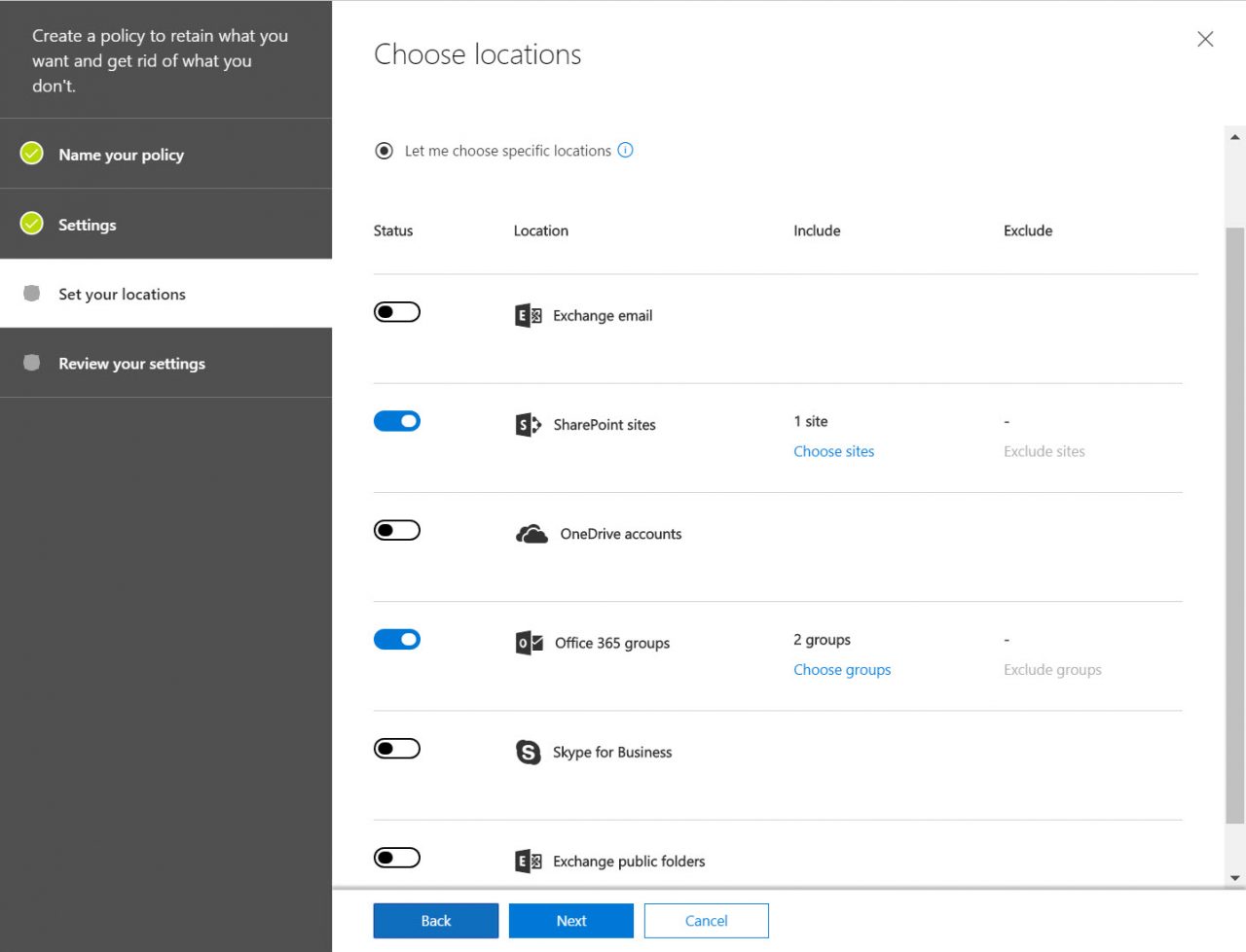 Office 365 Groups Retention Locations