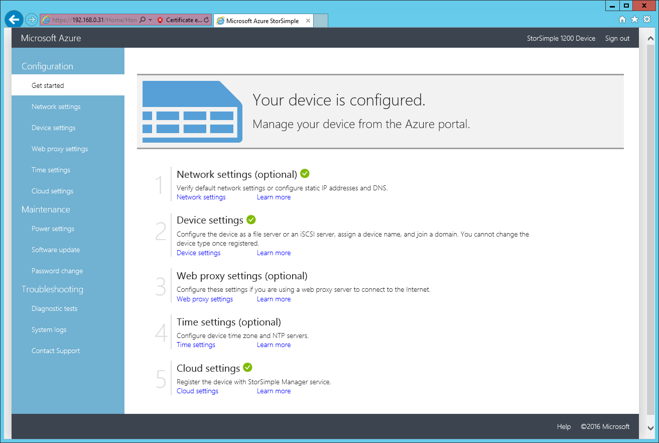 Getting Started in the StorSimple browser interface [Image Credit: Microsoft]