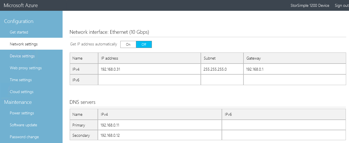 Network settings for the StorSimple appliance [Image Credit: Aidan Finn]