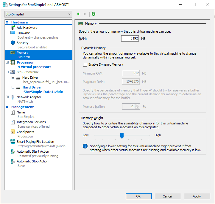 Settings of a StorSimple VM on Windows Server 2016 Hyper-V [Image Credit: Aidan Finn]