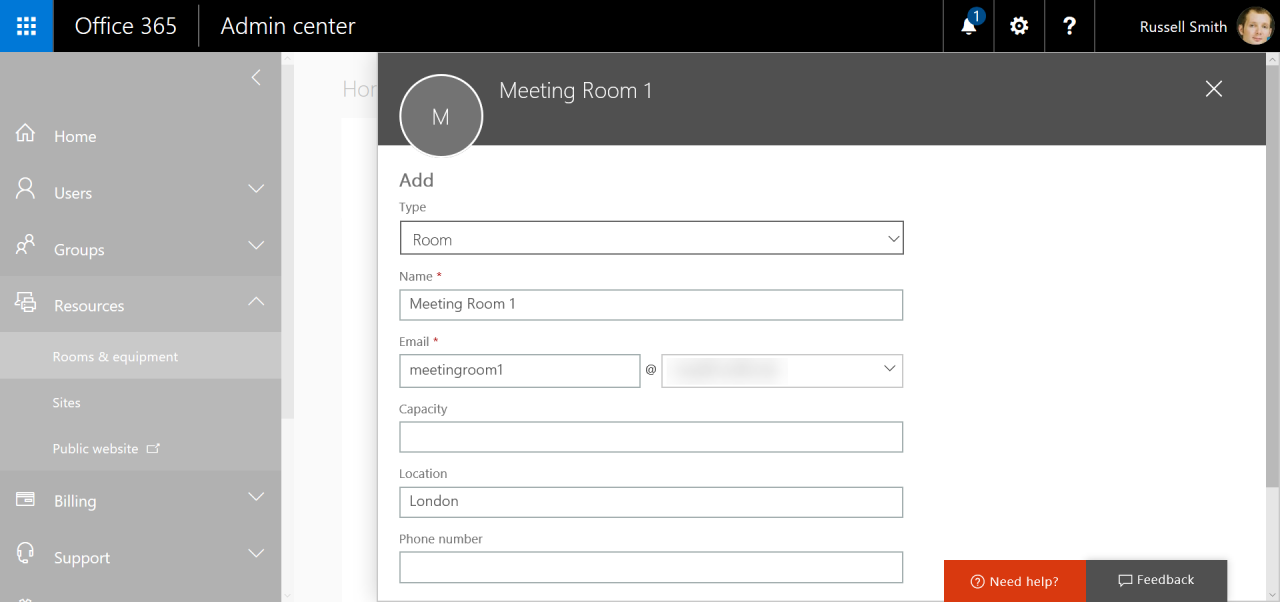 Create a room mailbox in Office 365 (Image Credit: Russell Smith)