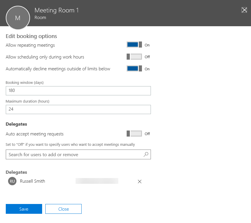 Set room mailbox scheduling and delegate options (Image Credit: Russell Smith)