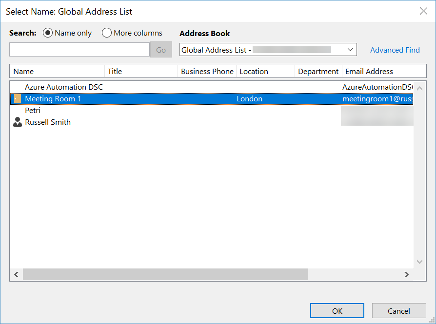 Open a room mailbox calendar in Outlook 2016 (Image Credit: Russell Smith)