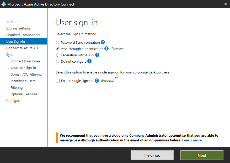 Select pass-through authentication in Azure AD Connect (Image Credit: Russell Smith)