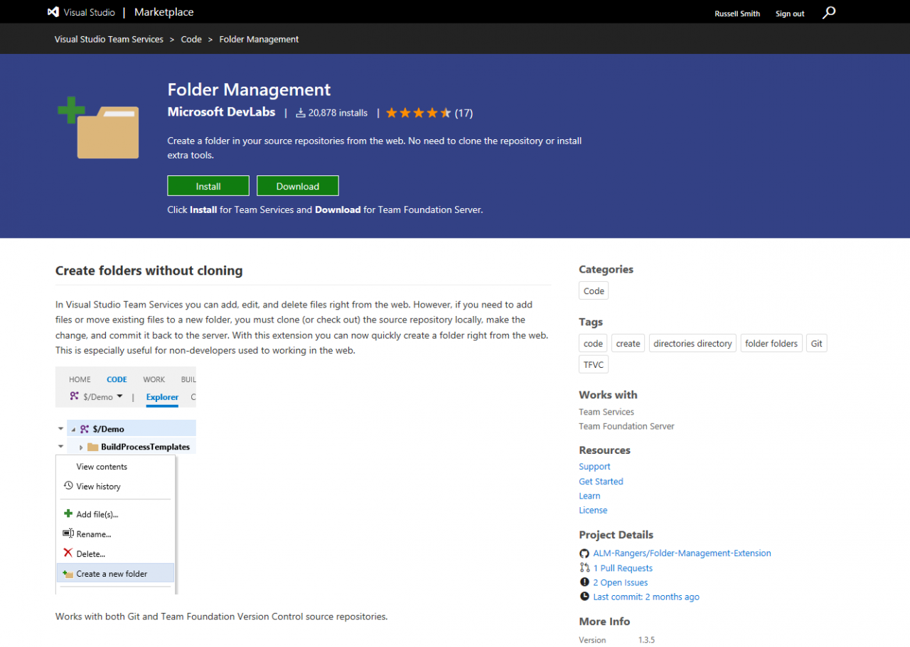 Install the Folder Management add-on for Visual Studio Team Services (Image Credit: Russell Smith)