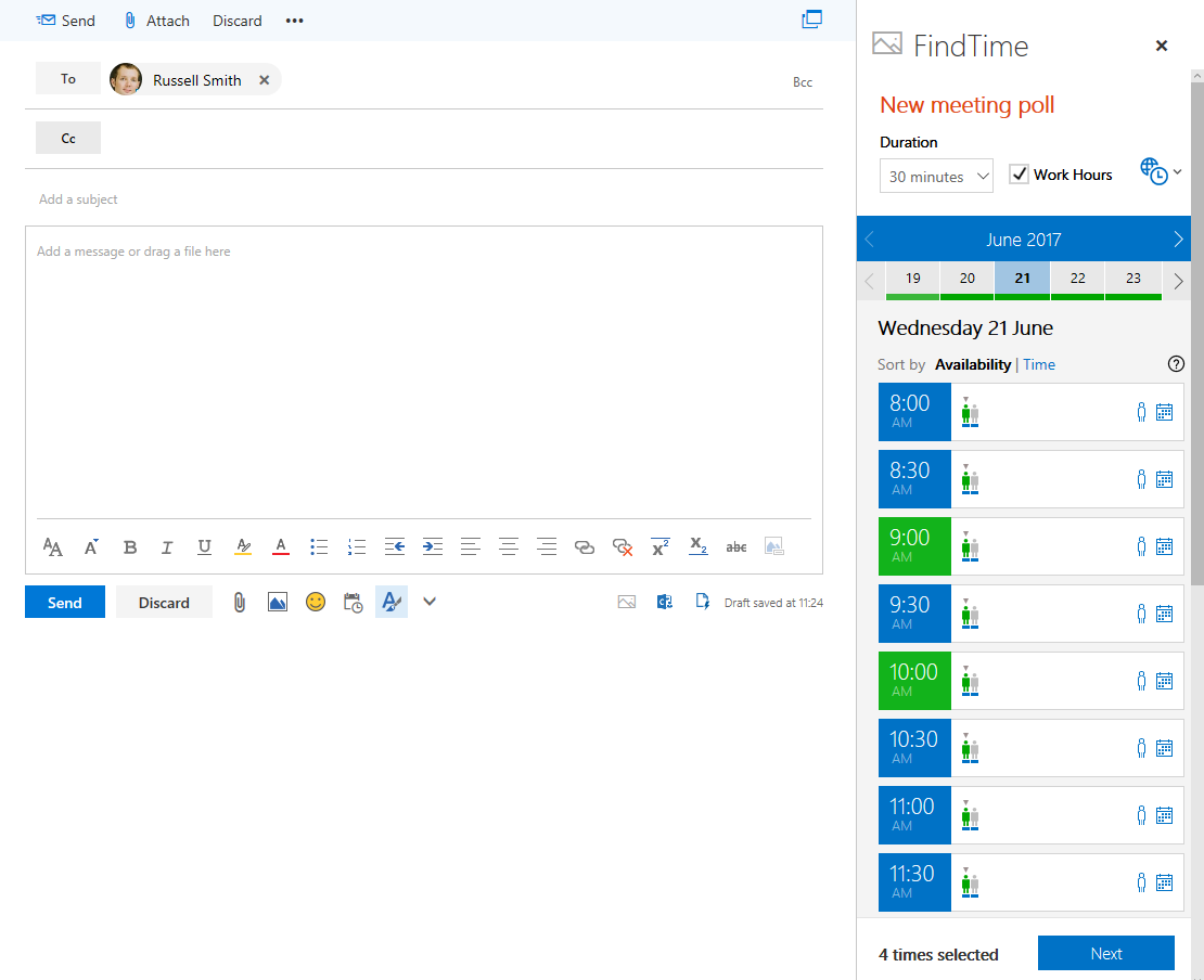 Create a meeting, using FindTime, from an email message in Office 365 (Image Credit: Russell Smith)