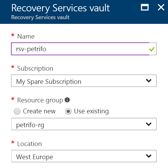 Creating a new recovery services vault in West Europe [Image Credit: Aidan Finn]