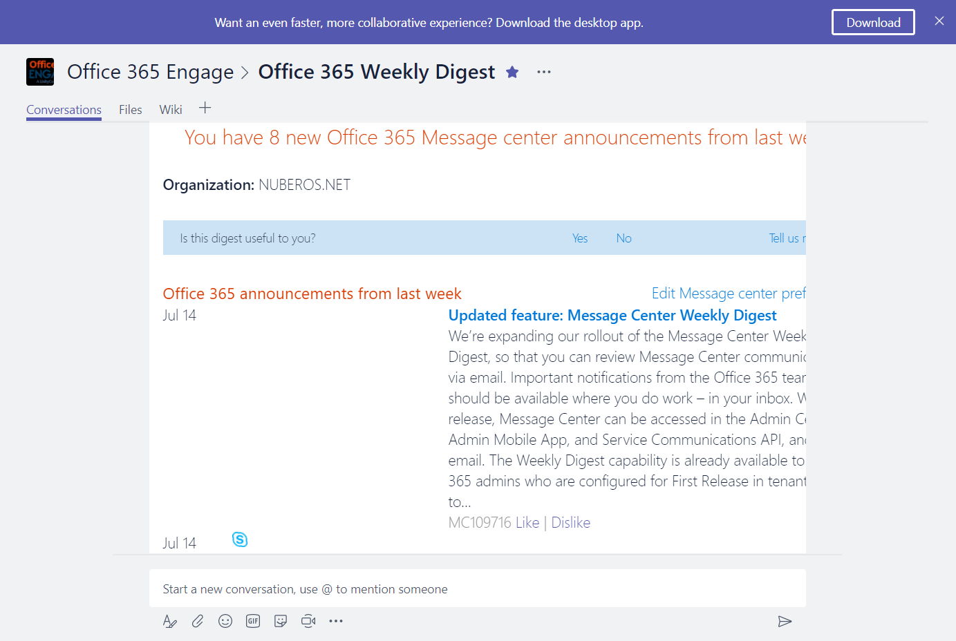 Weekly digest e-mail received in a Microsoft Teams Channel