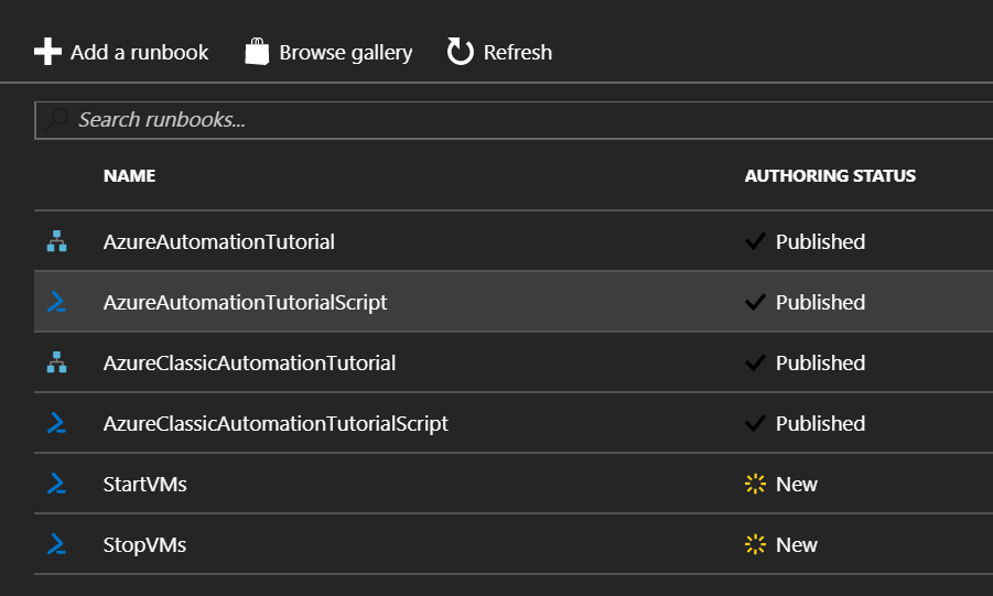 The runbooks in Azure Automation [Image Credit: Aidan Finn]