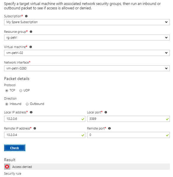 Running IP Flow Verify tests into a destination virtual machine [Image Credit: Aidan Finn]