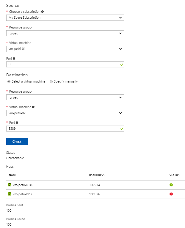 Running a connectivity check between Azure virtual machines [Image Credit: Aidan Finn]