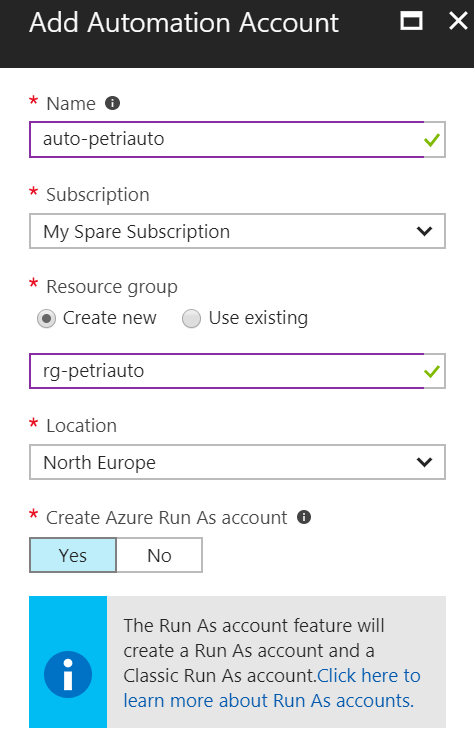 Creating a new Azure Automation Account [Image Credit: Aidan Finn]