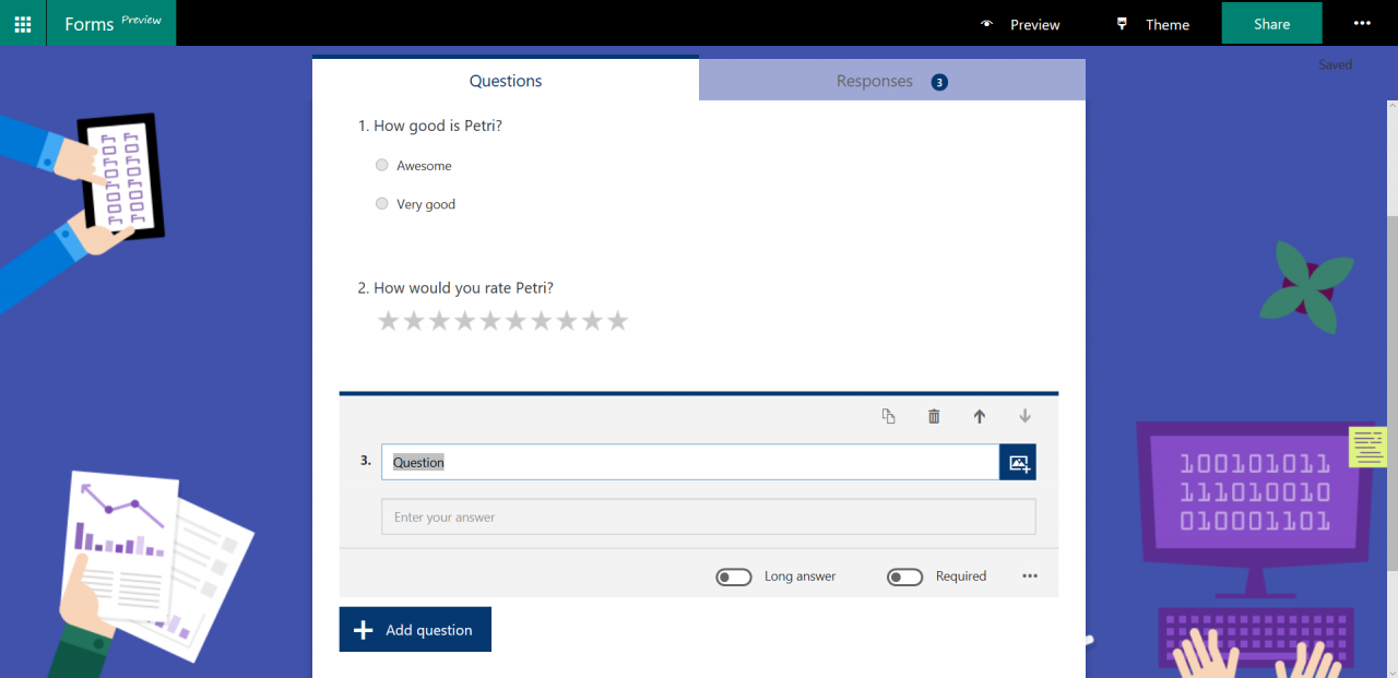 Adding questions to a form in Office 365 Forms (Image Credit: Russell Smith)