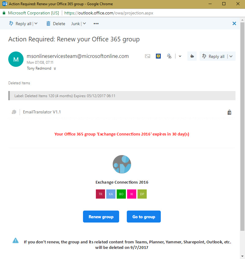Office 365 Groups expiry notification