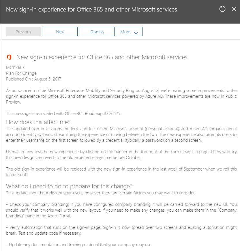 Azure AD sign-in change for Office 365