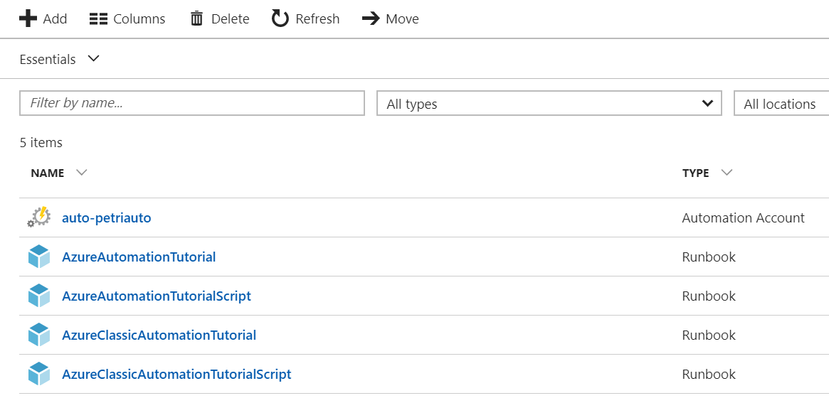 A newly created Automation Account and sample runbooks [Image Credit: Aidan Finn]