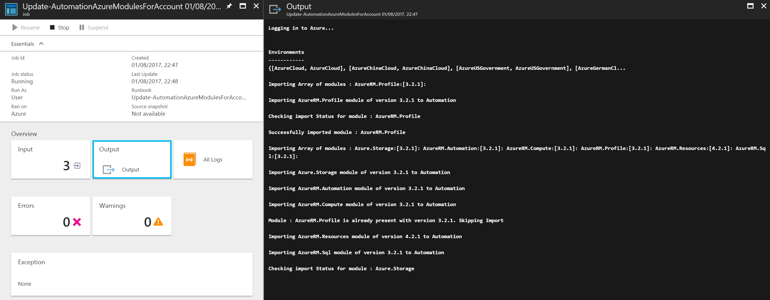 Monitoring progress of Azure PowerShell modules update in Azure Automation [Image Credit: Aidan Finn]