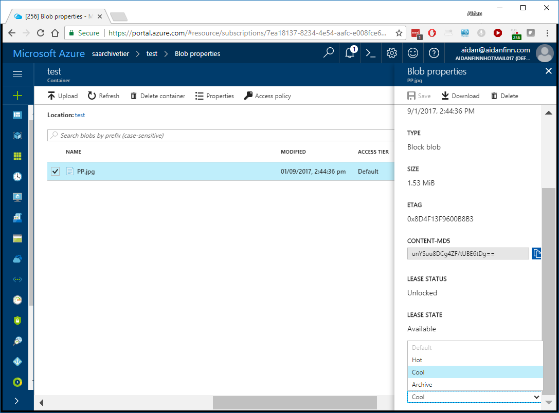 Changing the tier of a blob in Azure storage [Image Credit: Aidan Finn]