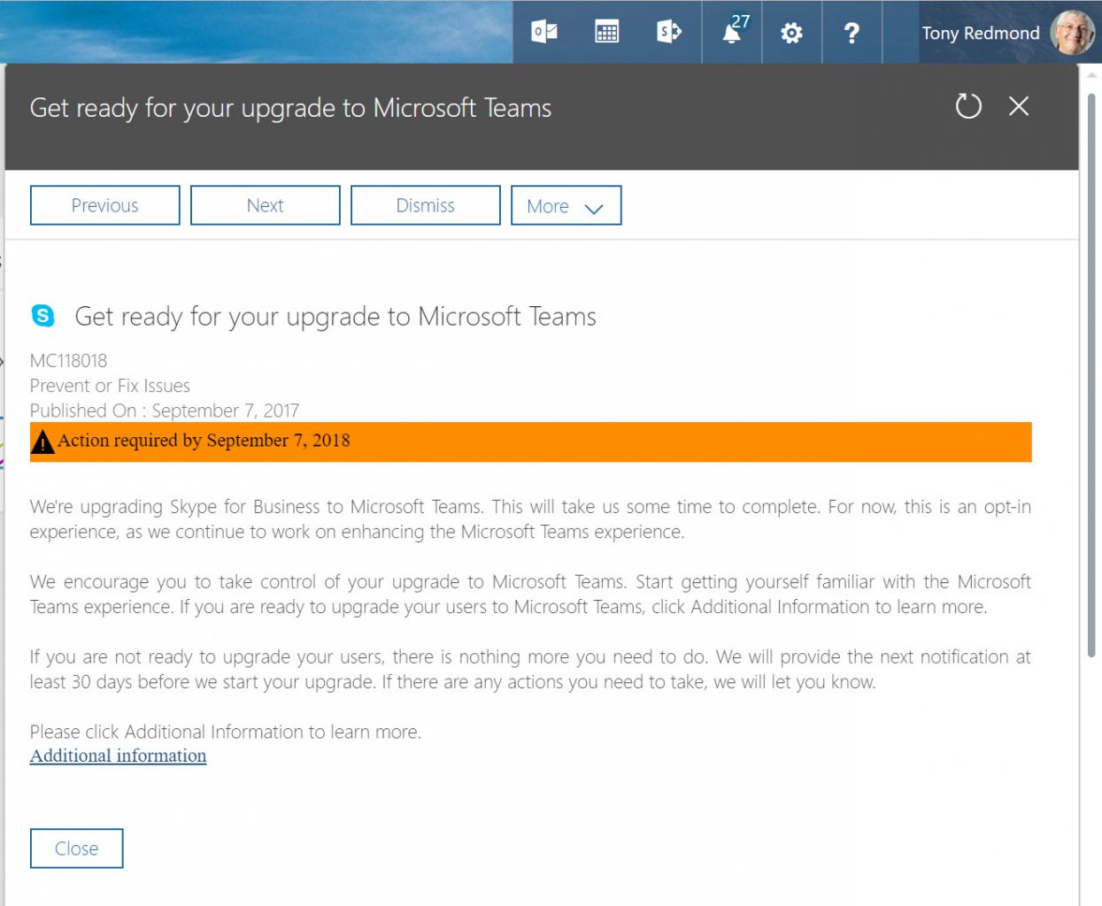 Teams notification in Office 365 Admin