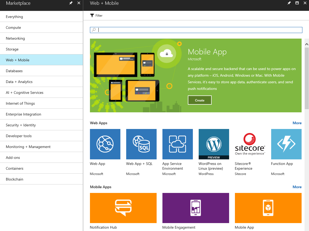 Web app options in the Azure Marketplace [Image Credit: Aidan Finn]