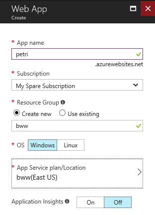 Create a new Azure web app [Image Credit: Aidan Finn]