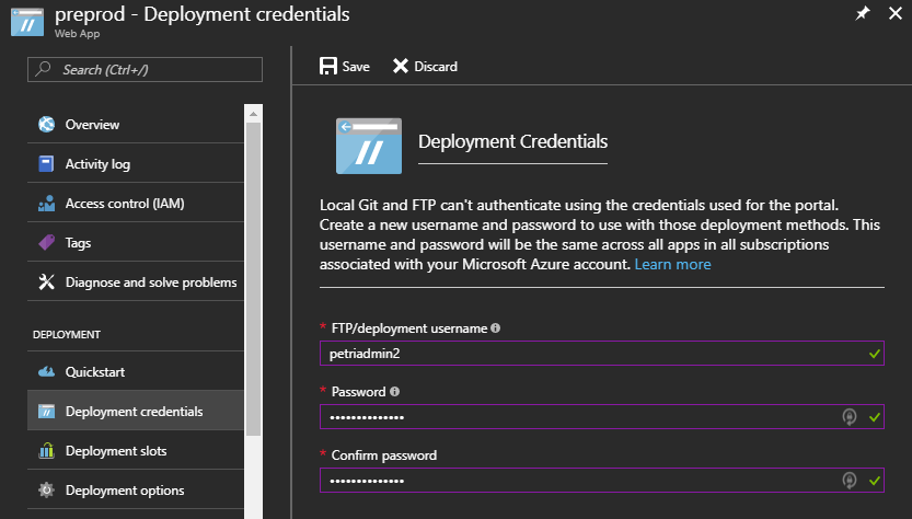 Configuring the Azure web app FTP account in Deployment Credentials [Image Credit: Aidan Finn]