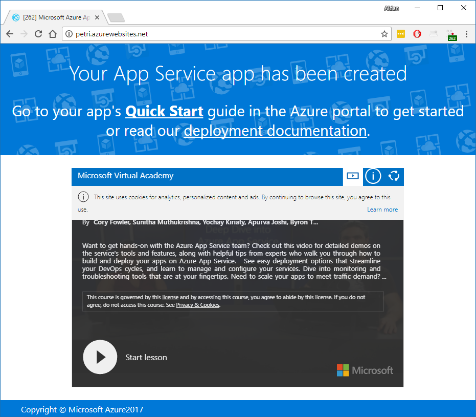 The default website in an Azure web app [Image Credit: Aidan Finn]