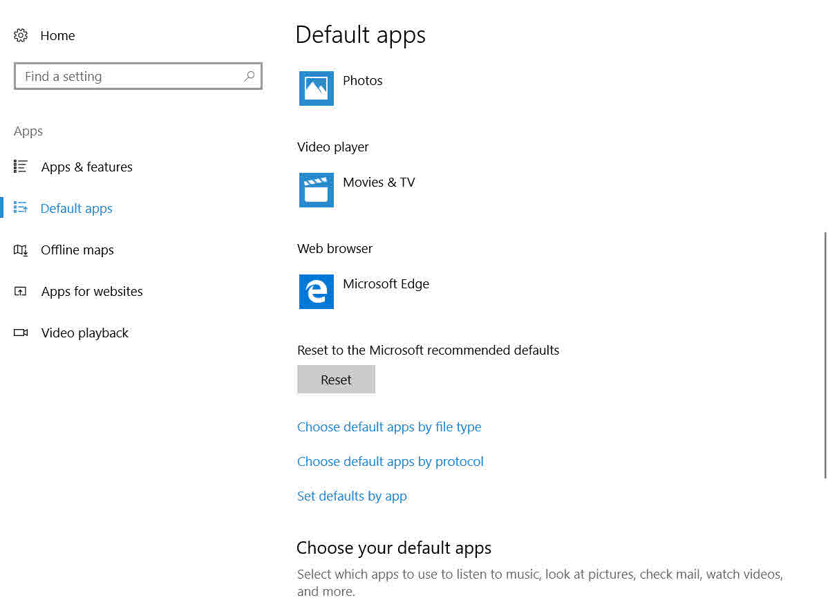 Changing default apps in Windows 10 version 1709 (Image Credit: Russell Smith)