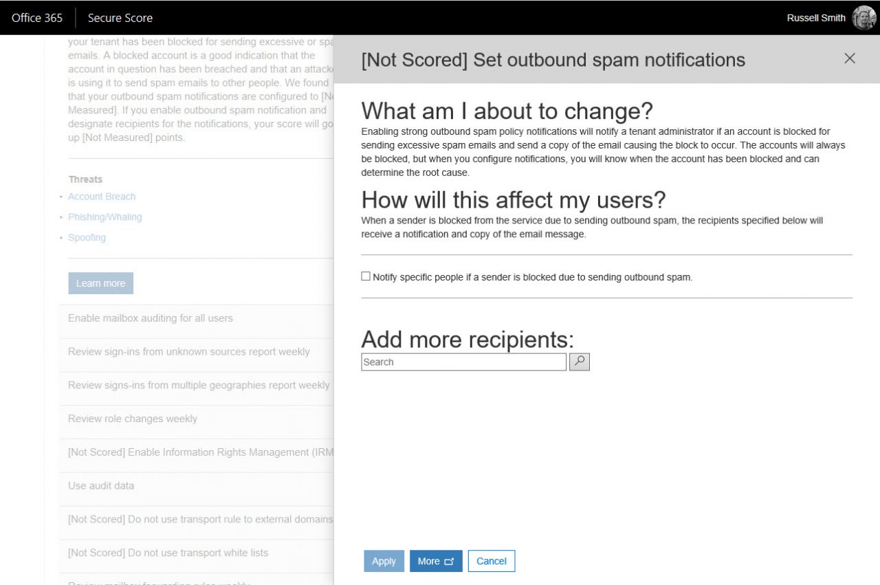 Office 365 Secure Score actions (Image Credit: Russell Smith)