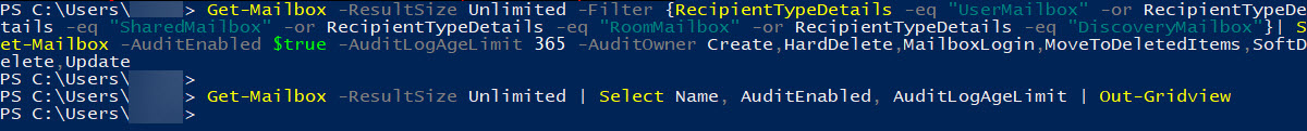 Enable auditing for all mailboxes using PowerShell (Image Credit: Russell Smith)