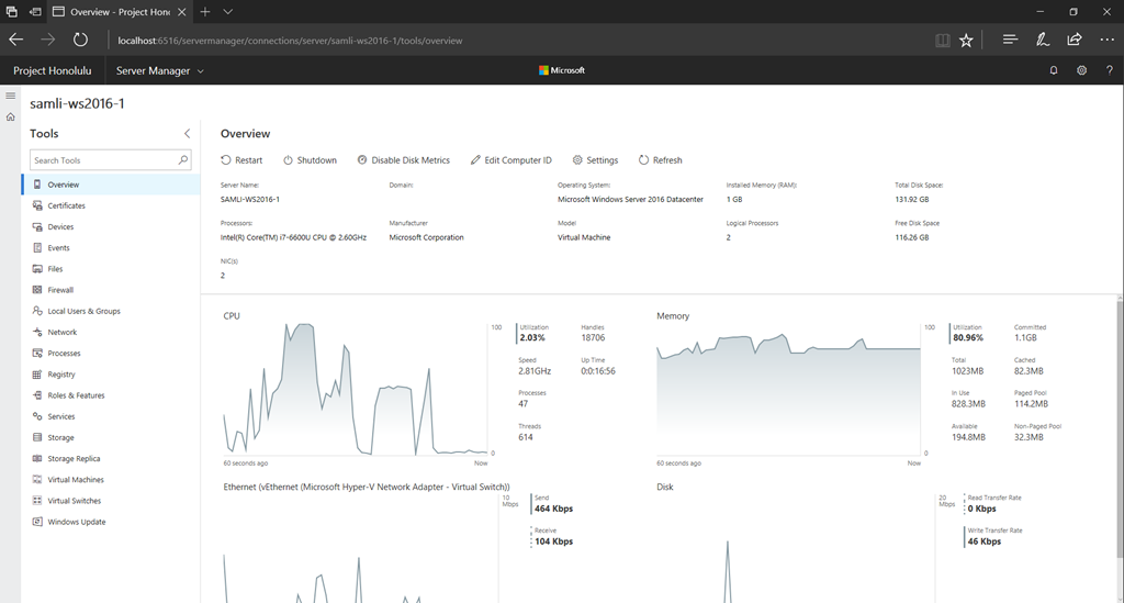 A server overview in Project Honolulu [Image Credit: Microsoft]